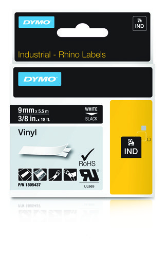 DYMO 1805437 Industrial Vinyl Labels White Text on Black Label 9mm